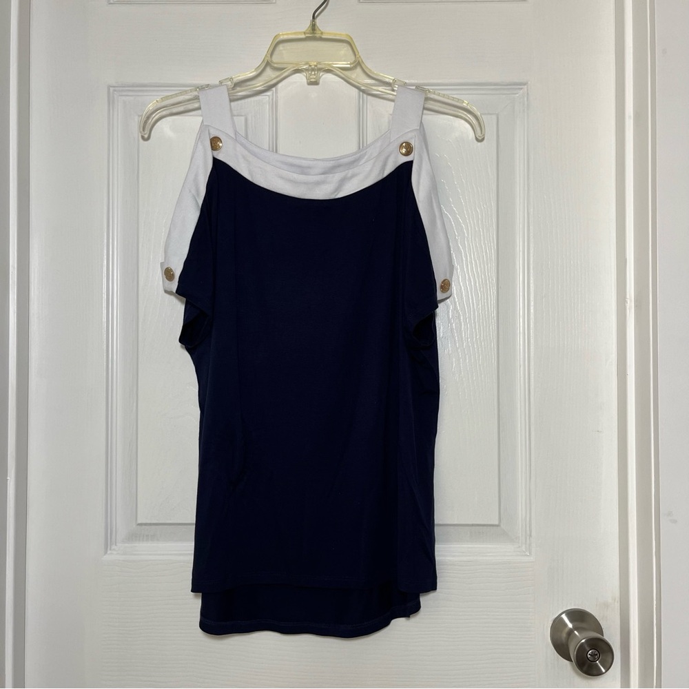 Cable & Gauge Navy and White Cold Shoulder/Split Sleeve top